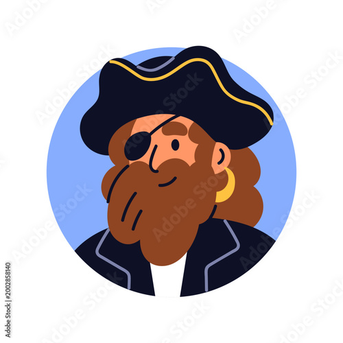 Pirate with eyepatch and hat, face avatar. Sea man, marine captain, head port...