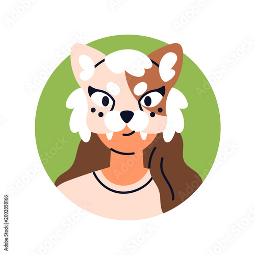 Girl in animal mask, head avatar in circle. Cute creative playful female char...