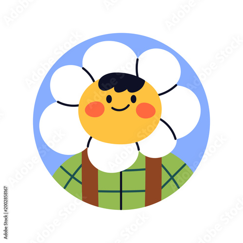 Cute funny flower, face avatar. Kawaii adorable daisy, summer head portrait. ...