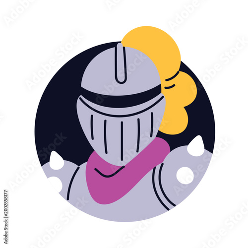 Medieval knight, head avatar in circle. Metal protection armor, face in steel...