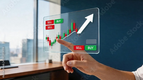 Futuristic hologram interface showing stock market candlestick chart with buy and sell buttonshand touching transparent screen for financial trading investment growth analysis