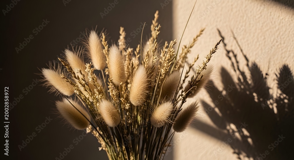 Fototapeta premium Dried grass stalks create a soft and natural texture against a warm-toned wall with dramatic evening shadows.