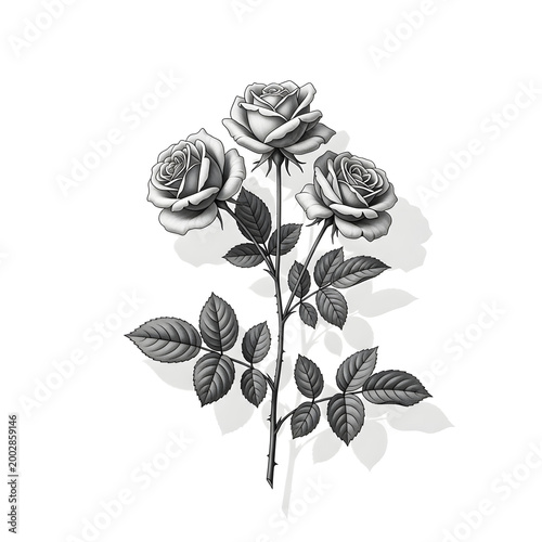 Black and white illustration of three roses on a stem with leaves isolated on white background