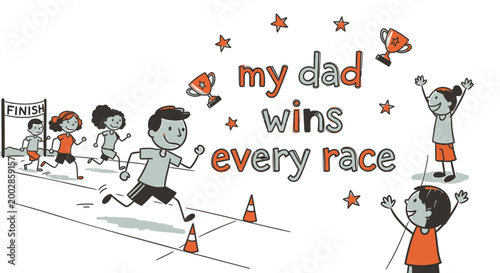 Vector illustration, racing, kids cheering, motivational phrase, colorful cartoon