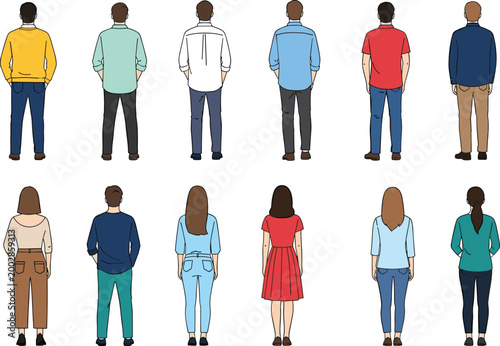 Diverse Group of Men and Women Standing in Back View Wearing Casual Outfits for Architectural Renderings Urban Environment Mockups and Social Community Graphics