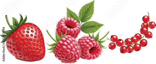 Fresh Summer Berry Vector Set featuring Ripe Strawberry Raspberries with Leaves and Red Currants for Organic Food Branding Culinary Marketing and Healthy Lifestyle Designs