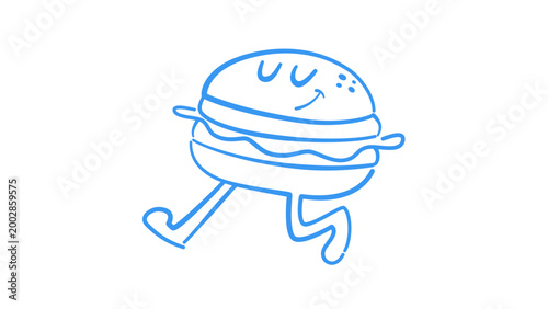 Blue cartoon hamburger character running with happy face