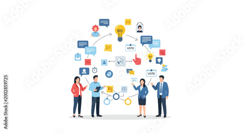 Business team collaborating on creative project with interactive digital icons.