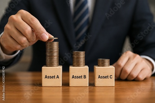 Stacked coins on wooden blocks with a hand dropping another coin financial growth concept