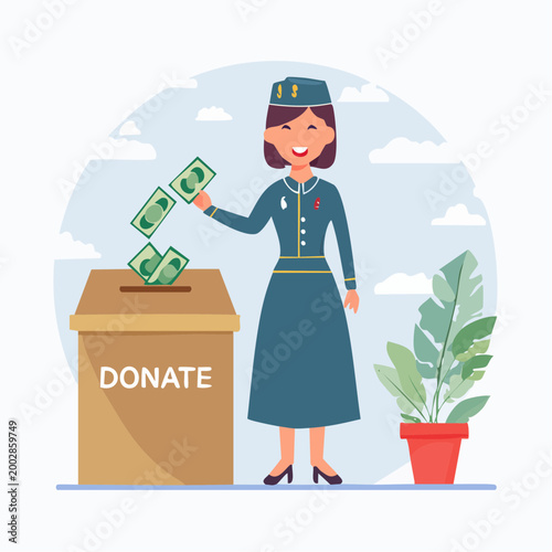 Woman in uniform donating money to a donation box