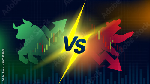 bull market vs bear market illustration concept with bull , bear and chart