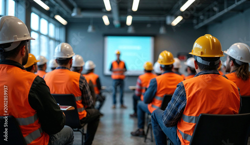 Construction workers are having a meeting in an industrial building with a explaining in front of a screen.