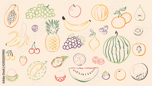 Big collection of fruit icons in colorful doodle style. Hand drawn minimalist fruits and berries like banana, pineapple, watermelon, grapes and papaya with blue ink texture for organic food menu and p