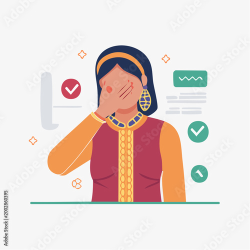 Woman covering face with hand, feeling embarrassed or shy