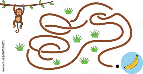Cute monkey maze game vector illustration with jungle path puzzle and banana target for kids educational activity design