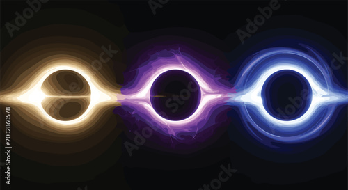 Set of Abstract Cosmic Black Holes with Glowing Gold Purple and Blue Event Horizons for Sci-Fi Gaming Backgrounds Space Exploration and Futuristic Digital Art