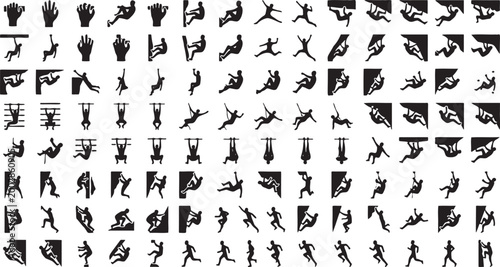 Rock Climbing Silhouette Set – Bouldering, Rappelling, and Cliff Scaling Icons.