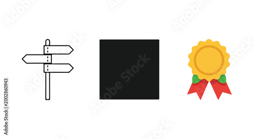 Simple graphic icons representing directions a black square and a medal with ribbon for awards or achievements