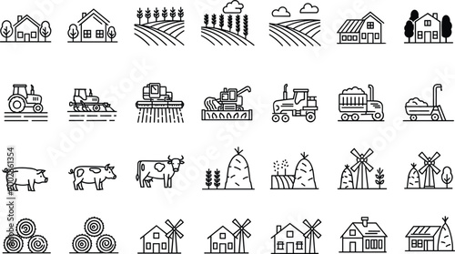Large Agriculture and Farming Icon Set with Tractors Livestock Farmhouses Windmills and Cultivated Fields for Organic Food Branding Rural Development and Agricultural Infographic Designs