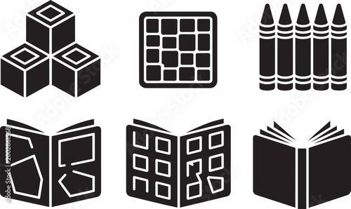 Toys and books icons set for education and creativity purposes with game board open book and toy