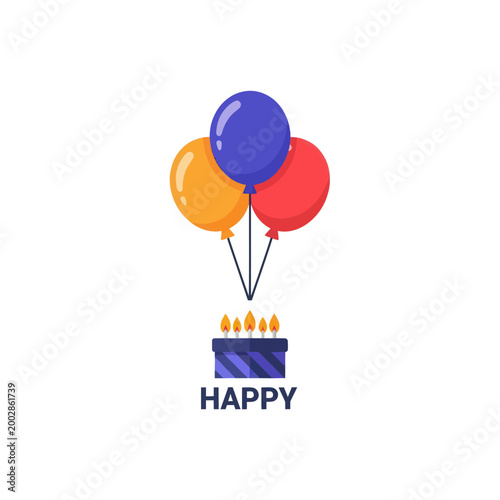 Colorful balloons tied to birthday cake.