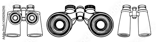Binoculars set with black line art on white background featuring optical, grid lines, lens with viewfinder and eyepiece and glasses