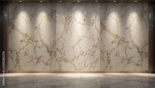 Polished Marble Tiled Wall and Floor with Diagonal Sunlight Shadows, High-End Architectural Background for Interior Design Mockups, Luxury Stone Texture with Beige and Brown Veining Patterns
