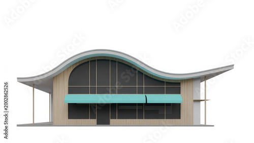 Side view of a small building with a wavy roofline and blue awning on white background