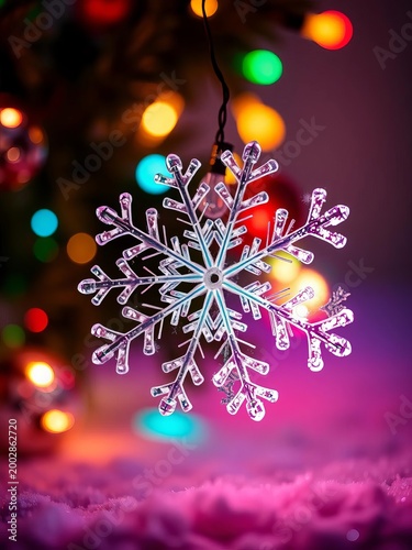 Glowing festive lights dancing around a snowflake, colorful, bright