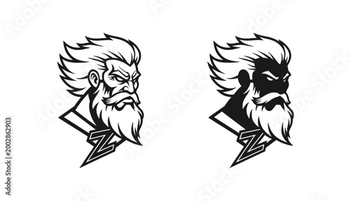 Aggressive bearded man character mascot logo with letter Z insignia for sports team branding in black and white vector style