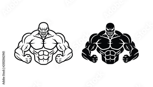 Bodybuilder character mascot with muscular physique and aggressive expression for fitness gym branding in black and white vector style