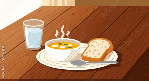 Bowl of Soup with Bread and Milk.
