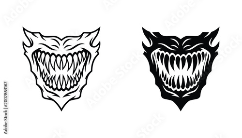 Scary monster jaw with sharp teeth mascot logo in black and white line art and solid silhouette vector graphic for horror and gaming branding
