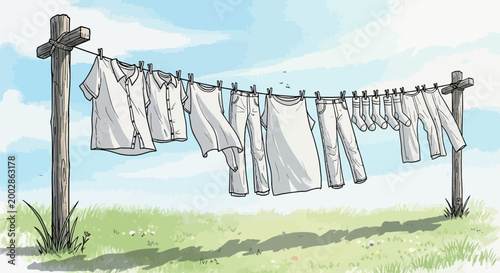Clothes Hanging on Clothesline Outdoors.