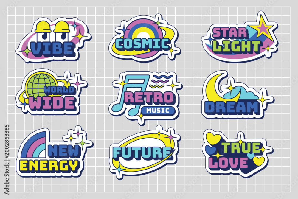 Fototapeta premium Y2K Retro Text Sticker Set with Colorful Elements