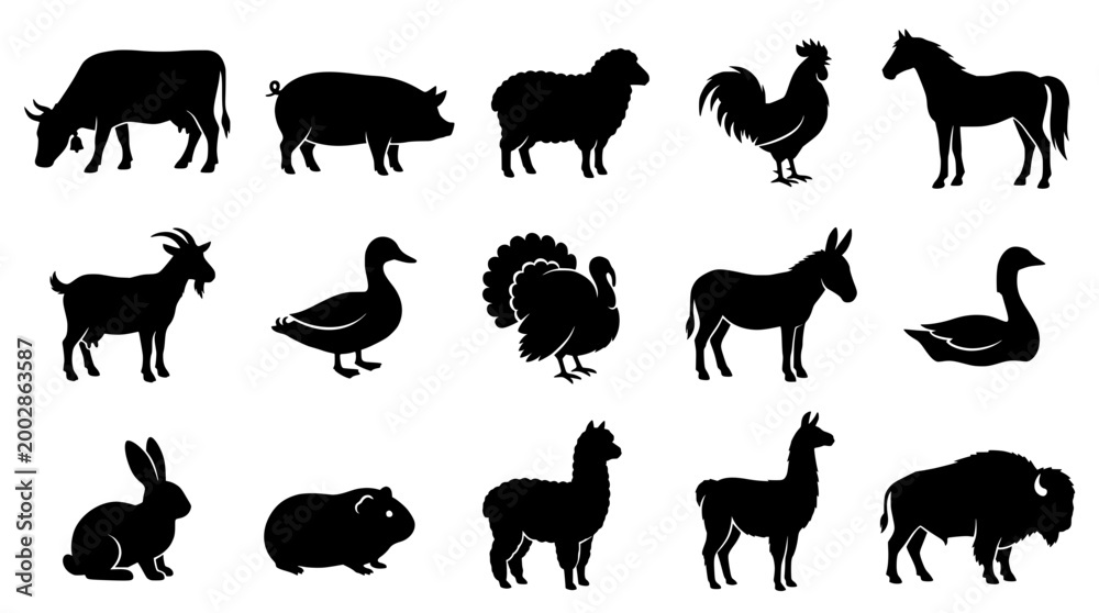 Fototapeta premium Farm Animals Silhouettes in Black Color