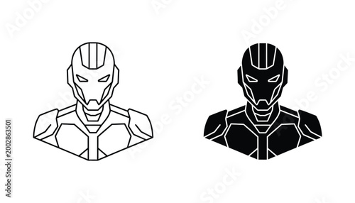 Futuristic robotic human head bust character design in linear and solid black vector styles for sci-fi branding and technology concepts