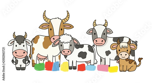 Cute Cartoon Cows and Calf Illustration.