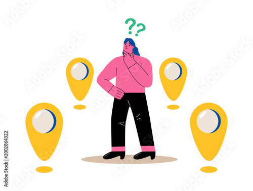 Confused business woman stack thinking about where to invest. Flat vector illustration isolated on white background