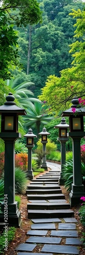 Sturdy stone lanterns line a winding pathway amidst lush gardens, ||lanterns, garden