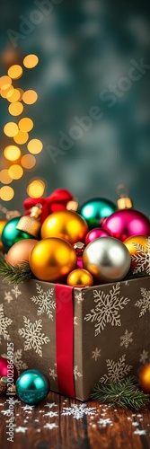 Vintage-inspired gift box overflowing with colorful Christmas balls and decorative snowflakes, sparkly, snowy