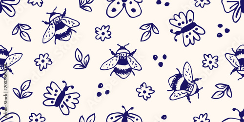 Cute vector seamless insect pattern. Bees, bumblebees and butterflies, small flowers on a light beige background.  Summer time, nature. For prints of fabrics, cotton textiles, paper.