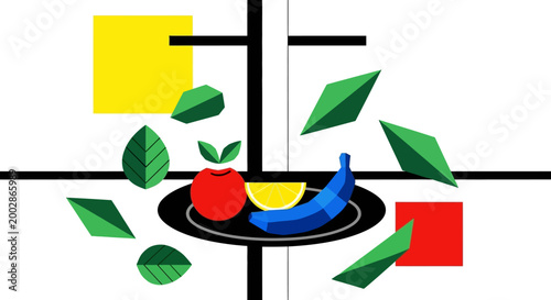 Abstract Still Life Composition with Fruit and Geometric Shapes