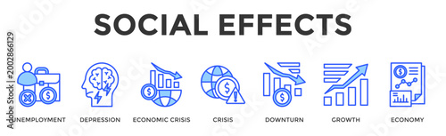 Social Effects  Banner Web  Icon Set Collection Pack Vector Illustration Concept Containing Unemployment, Depression, Economic Crisis, Crisis, Downturn, Growth, Economy