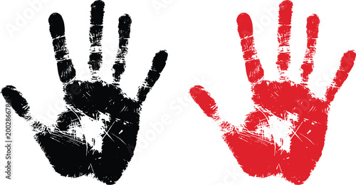 Grunge handprint vector set in black and red, textured human hand silhouettes, distressed palm print graphics for social justice and protest posters