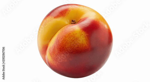 Single fresh ripe nectarine fruit with red and yellow skin on a white background