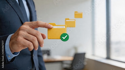 Businessman selecting digital folders with green checkmark data organization successful file management office technology concept modern business workflow information security