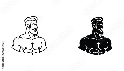 Muscular male fitness mascot head profile icon set in outline and solid black silhouette styles