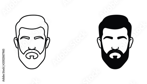 Minimalist vector illustration of male face with well groomed beard in line art and solid black silhouette styles for graphic design projects