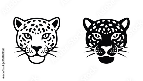 Leopard head portrait illustration set in clean outline and solid black silhouette for wildlife and exotic brand concepts